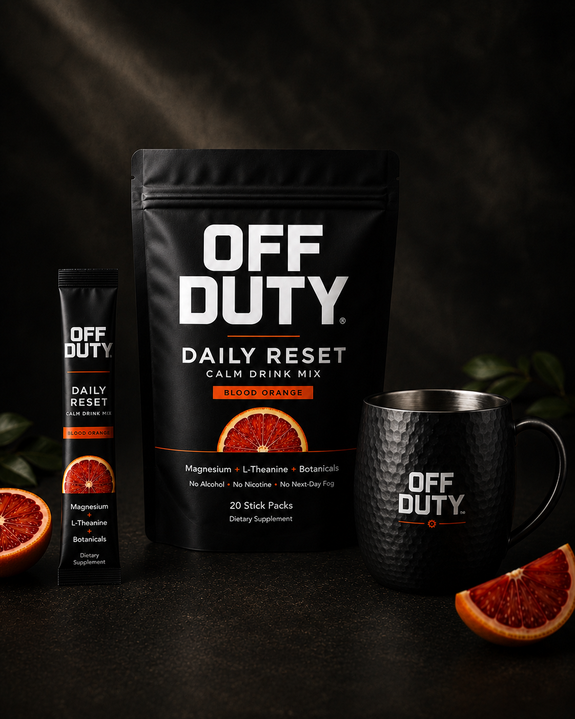 Off Duty Daily Reset product image with blood orange stick pack, pouch, and stainless steel mug